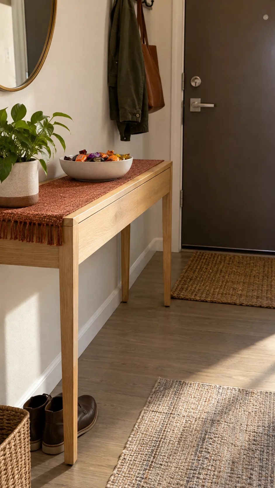 Slim console holding Halloween candy inside an apartment entryway