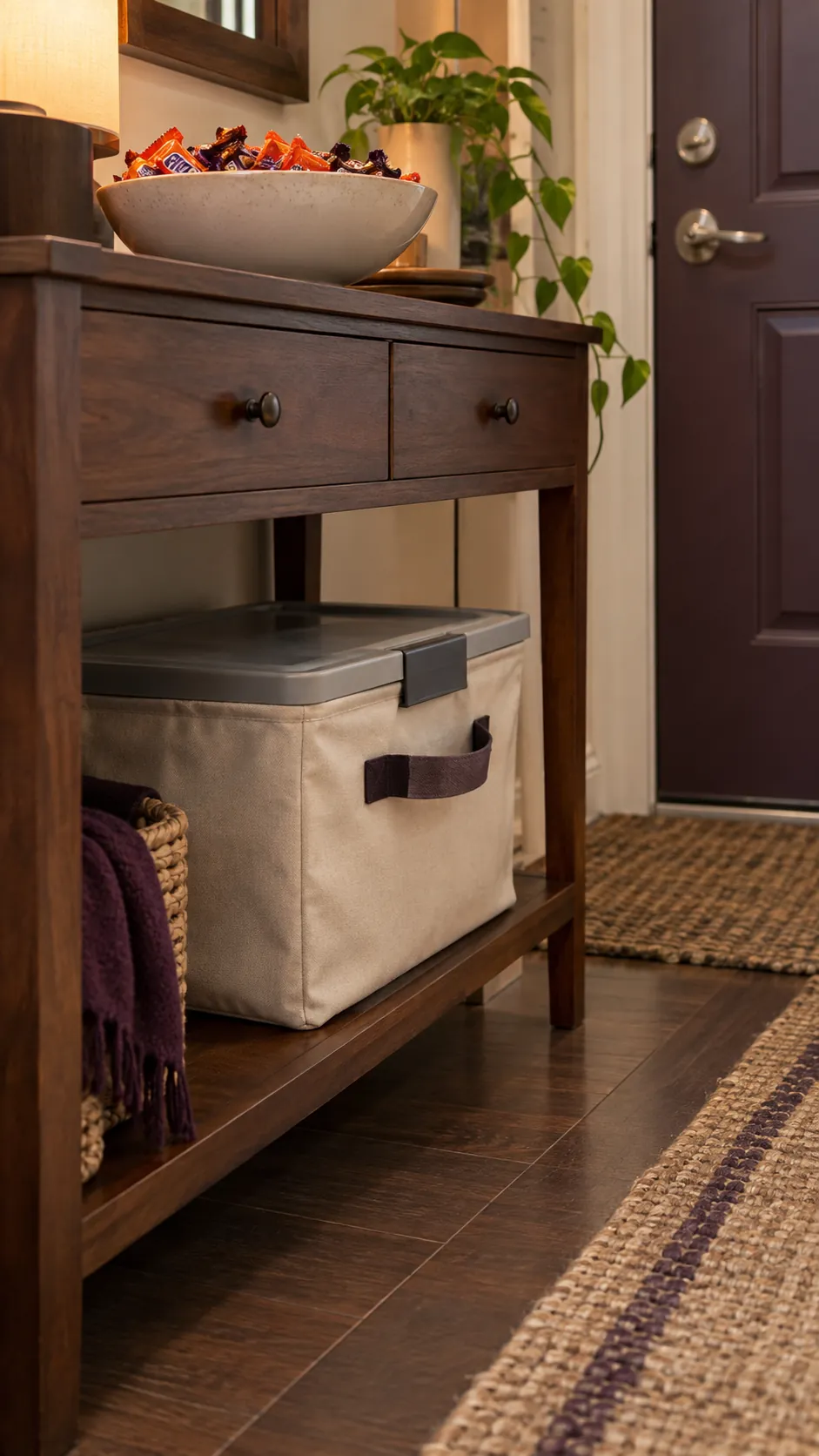 Closed candy refill bin stored within an entryway console