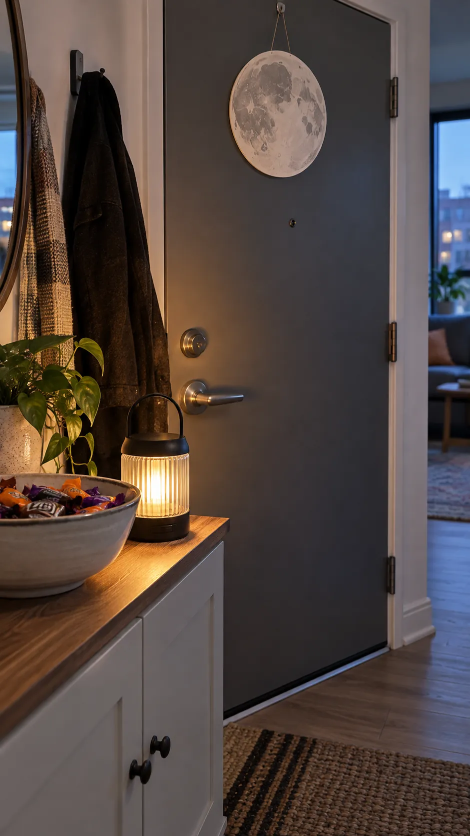 Battery light and simple Halloween decoration inside apartment door