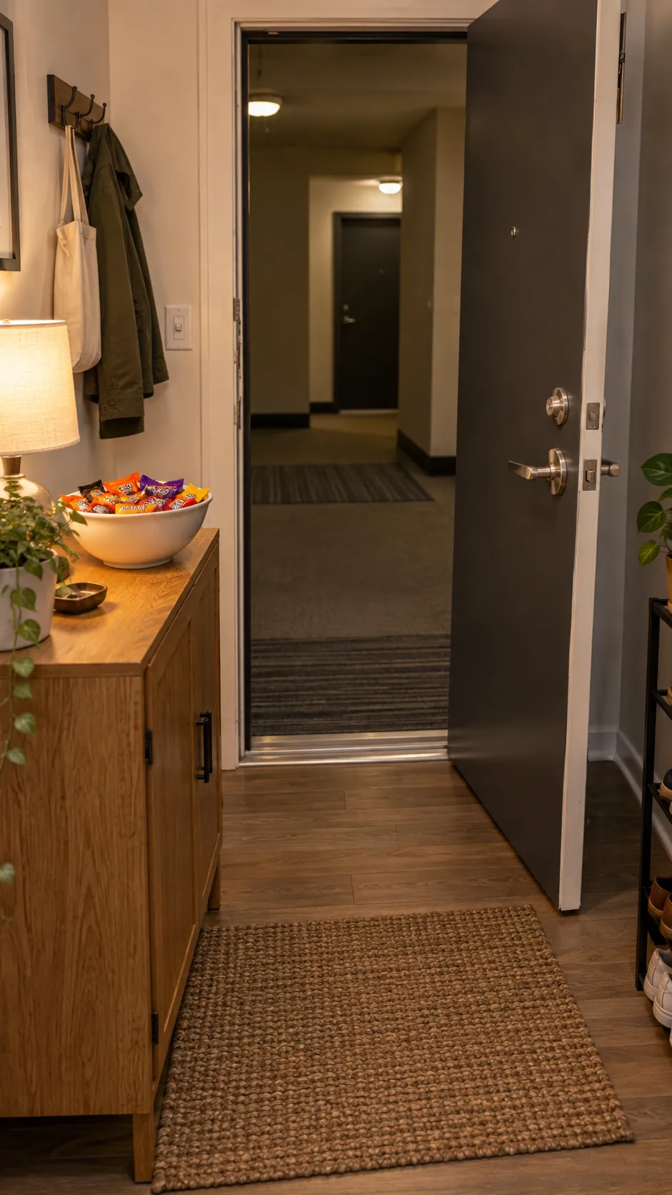 Clear path for handing Halloween candy out from a small entryway