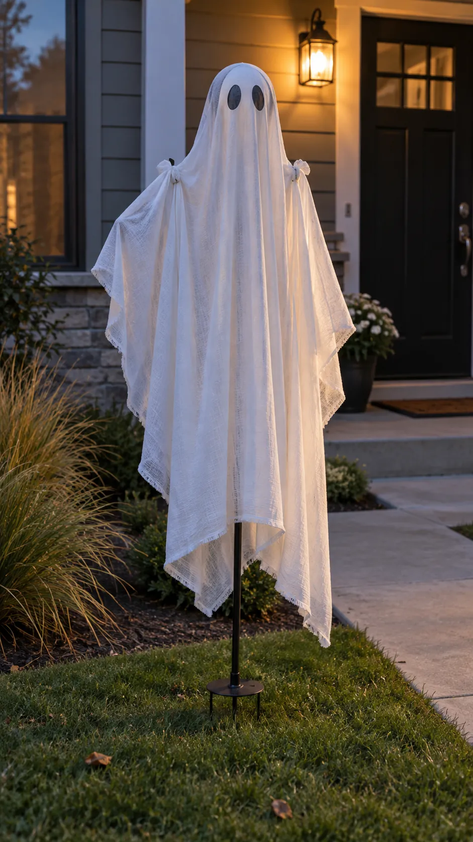 Outdoor fabric ghost held upright with visible discreet support in a breezy yard