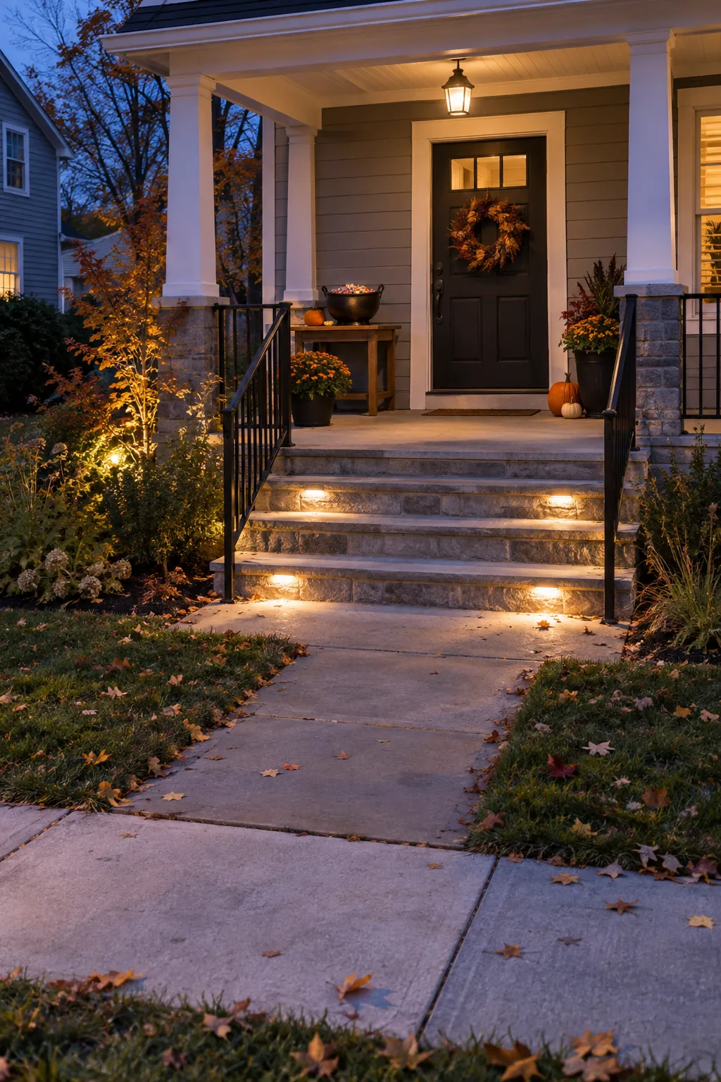 Halloween porch arranged for a clear, welcoming flow of visitors