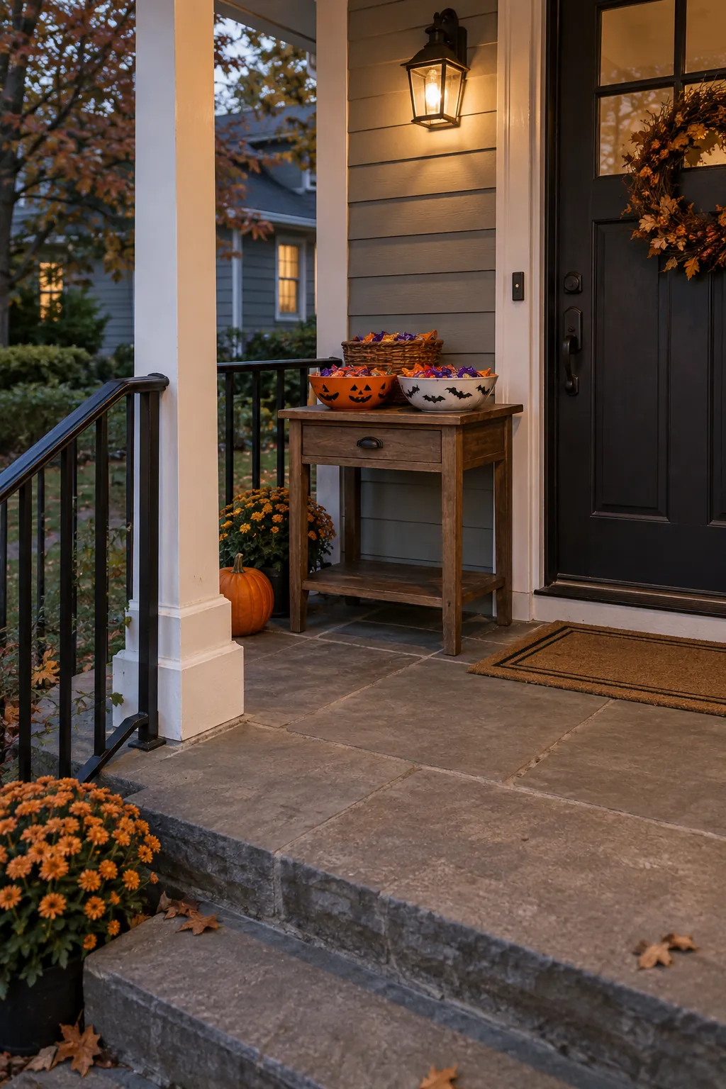 Put the candy handoff where the host can stay put on a Halloween porch with clear guest space