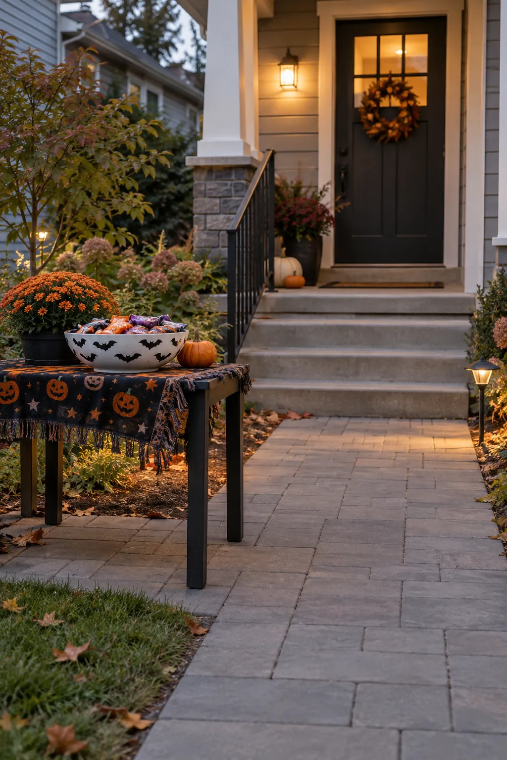 Offer a ground level greeting when steps are a barrier on a Halloween porch with clear guest space