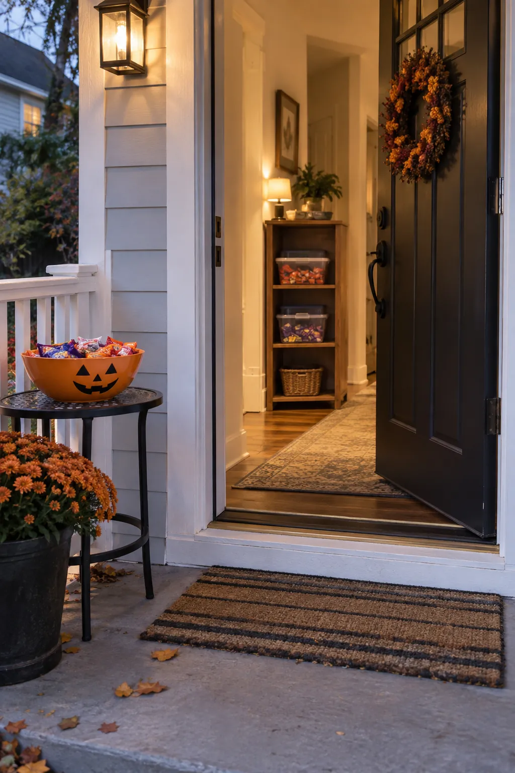 Prepare refills where guests cannot see a bottleneck on a Halloween porch with clear guest space