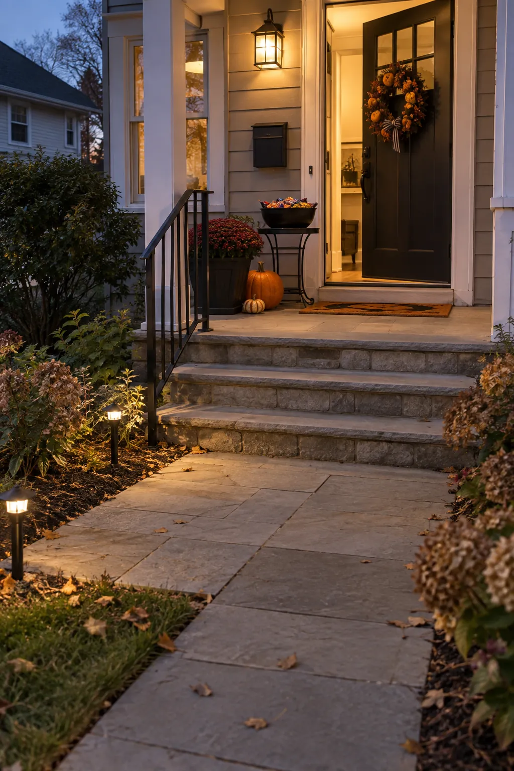 Run one rehearsal at dusk on a Halloween porch with clear guest space