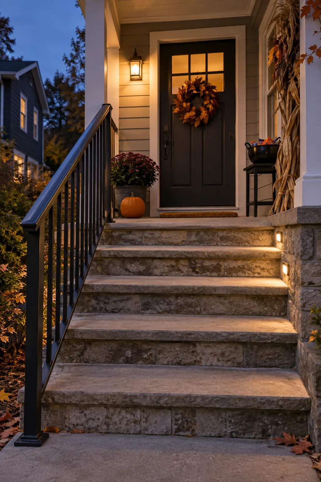 Keep the steps and handrail easy to read on a Halloween porch with clear guest space