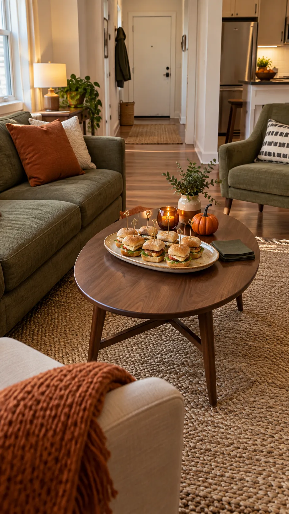 A sofa circle with a cleared coffee table for a Halloween party in a small apartment