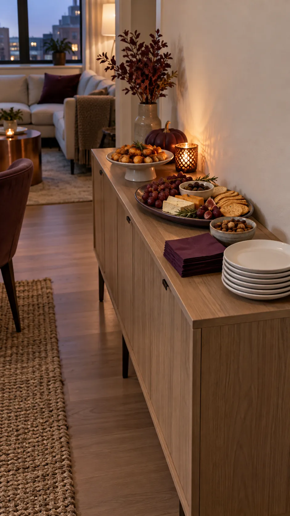 A console buffet against the wall for a Halloween party in a small apartment