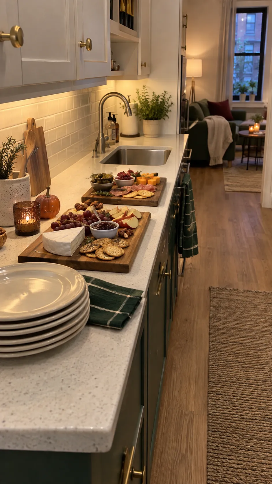 A kitchen counter grazing line for a Halloween party in a small apartment
