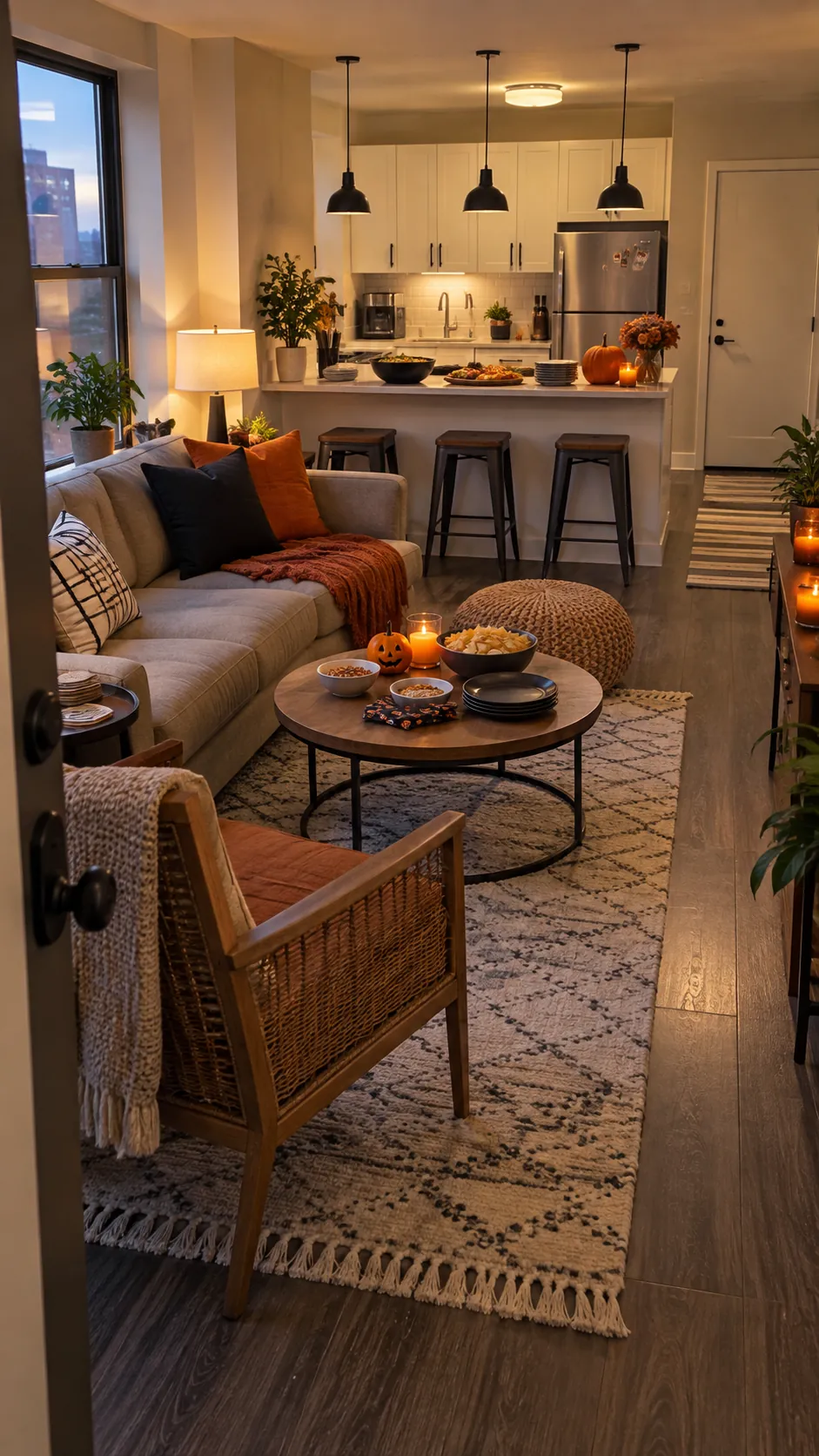 Small apartment Halloween party setup without a dining table