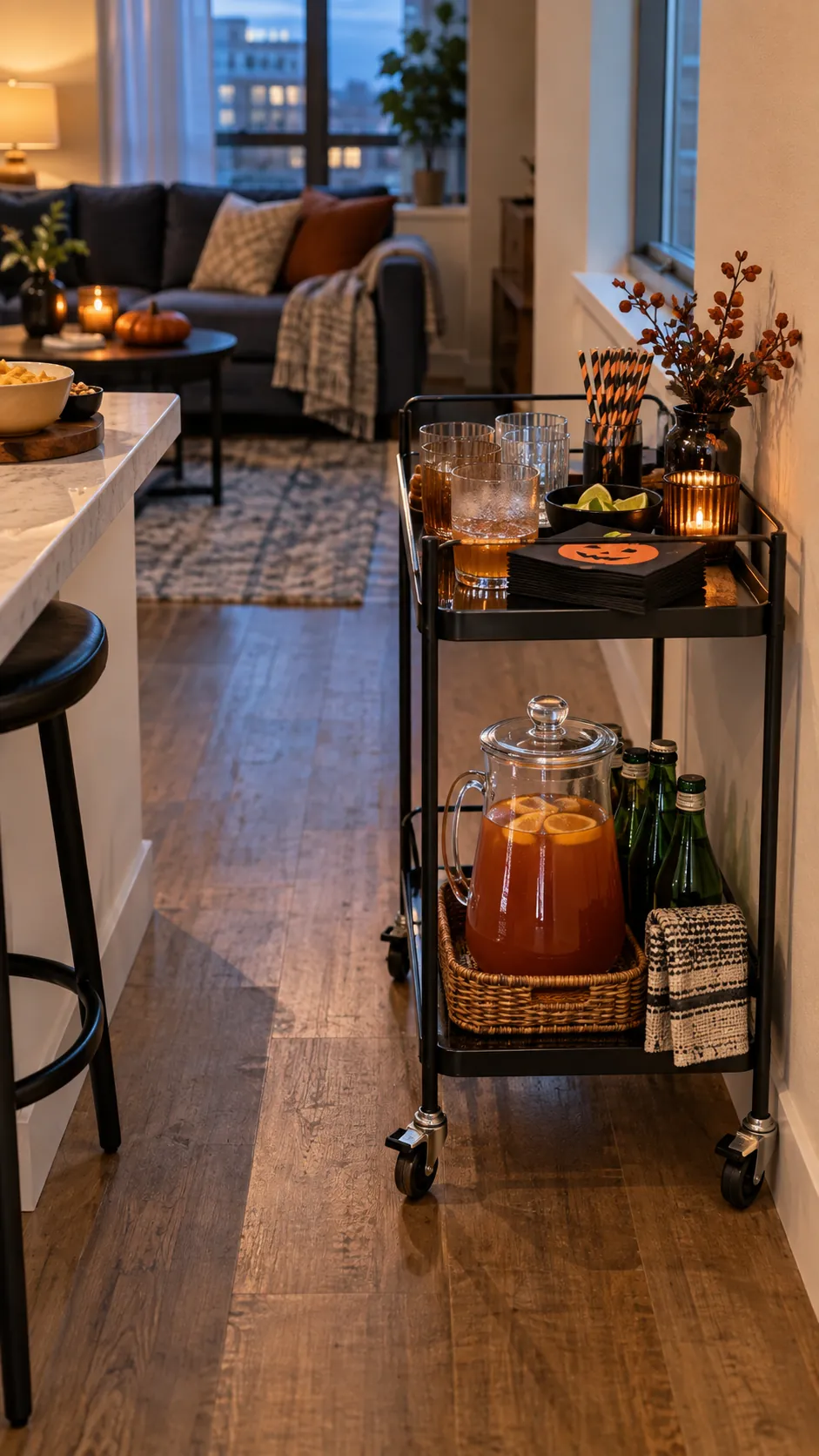 A drinks cart parked by the wall for a Halloween party in a small apartment