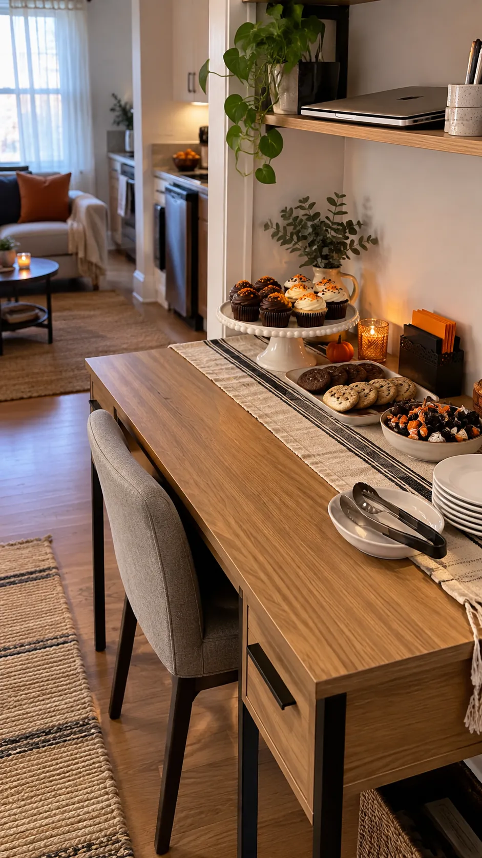 A desk that becomes a dessert bar for a Halloween party in a small apartment