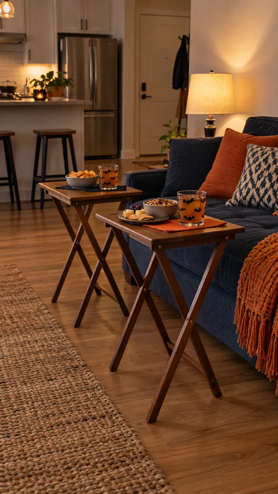 Folding trays beside the seating for a Halloween party in a small apartment