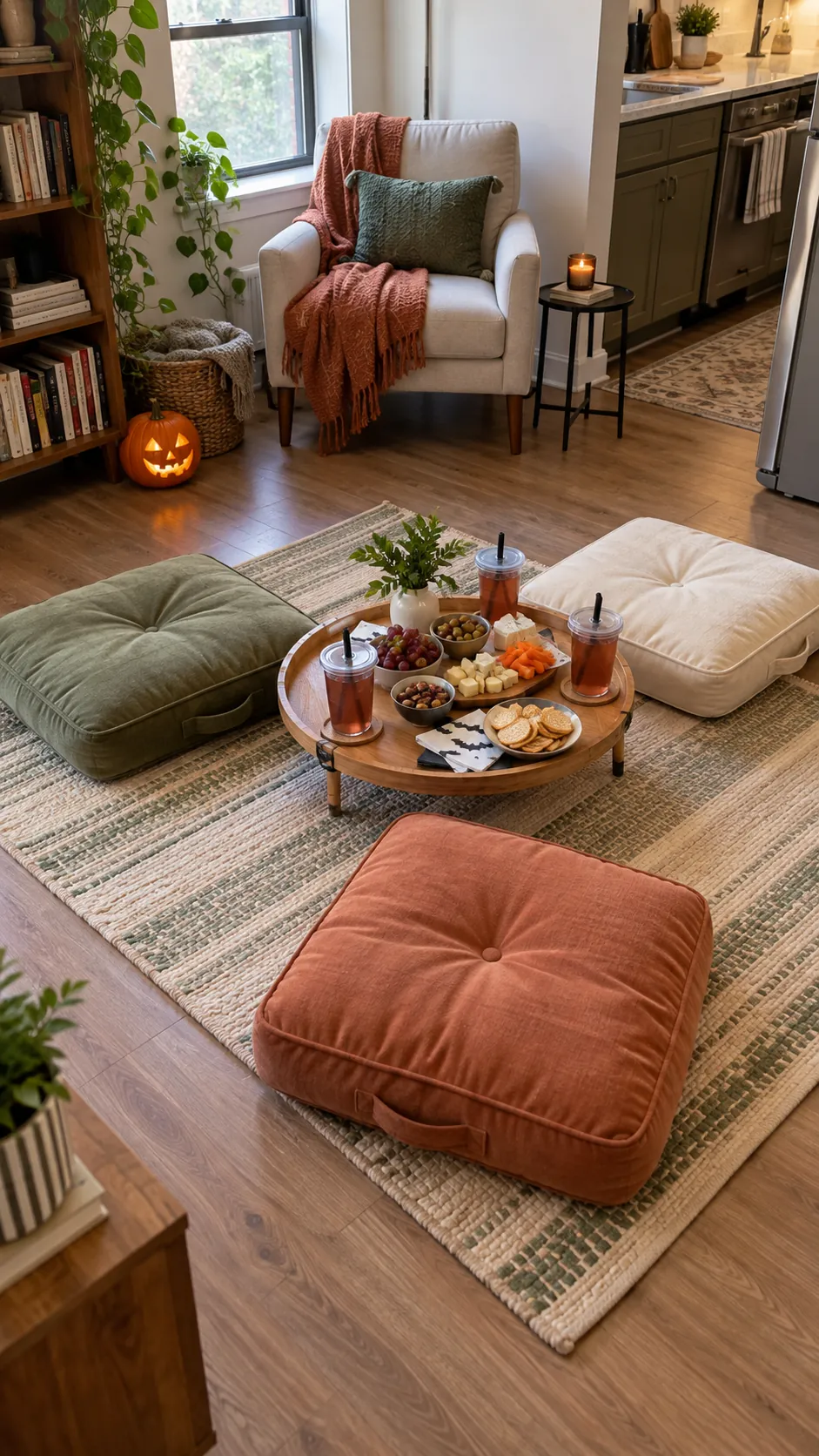 A floor cushion picnic for a Halloween party in a small apartment