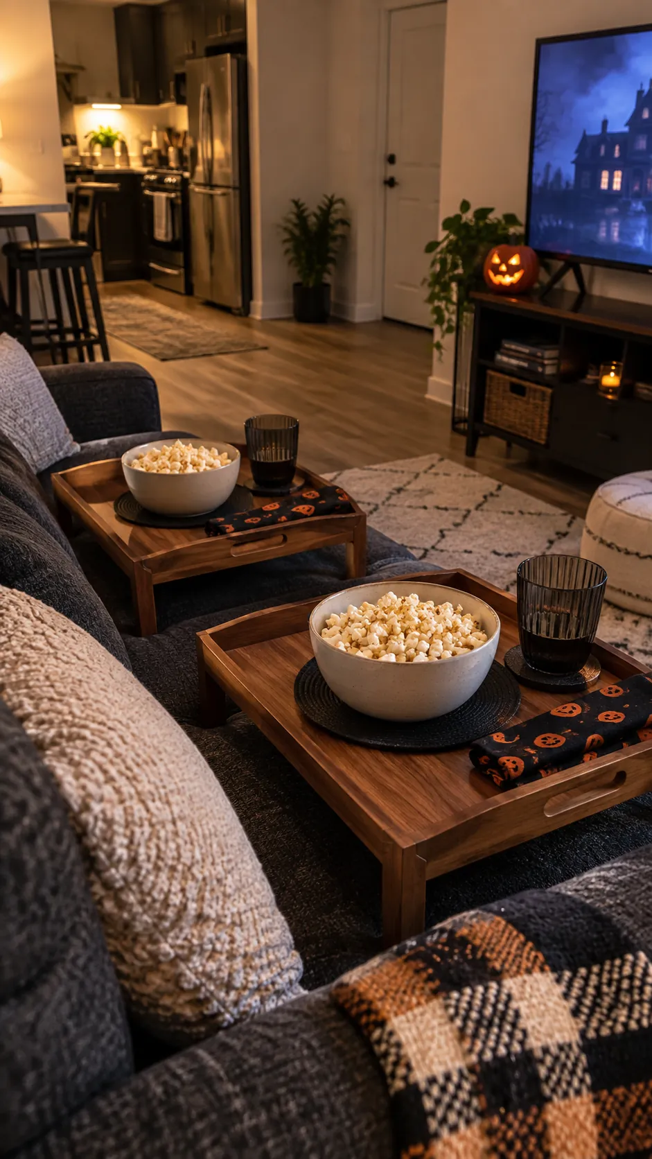 A movie night with lap trays for a Halloween party in a small apartment