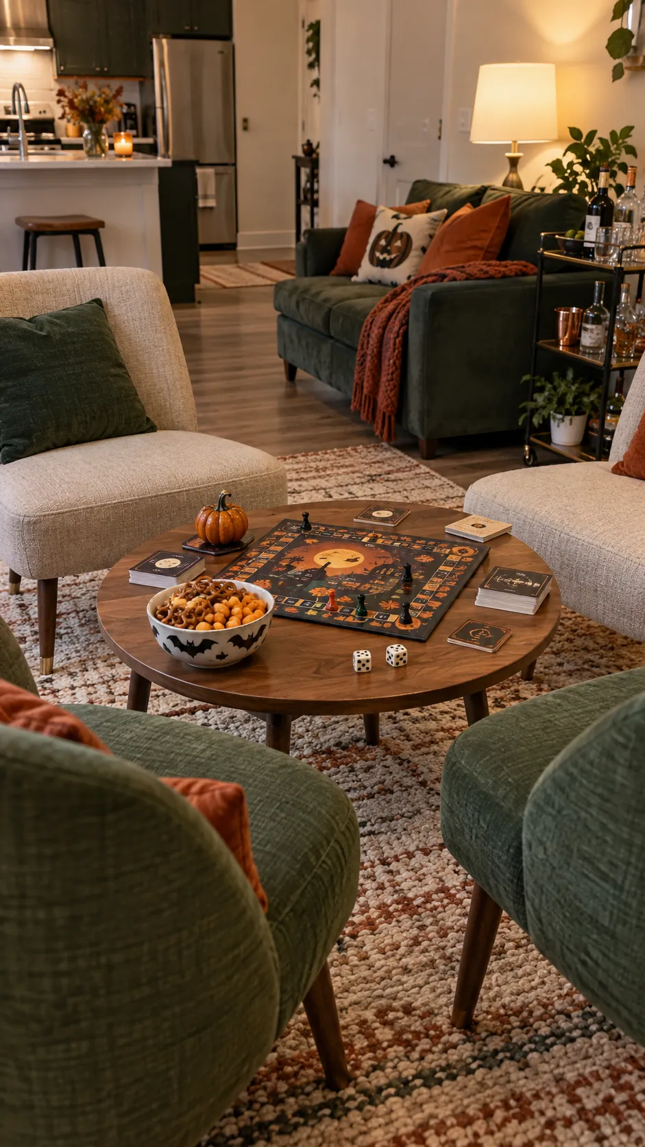 A coffee table game zone for a Halloween party in a small apartment
