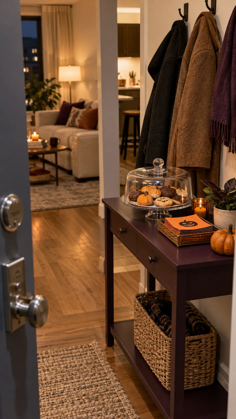 An entry welcome tray for a Halloween party in a small apartment