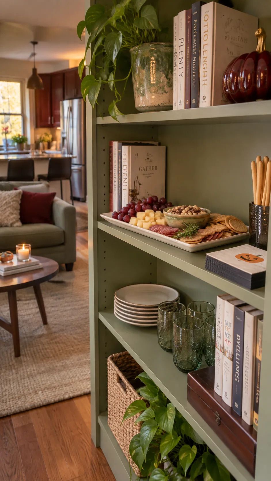 A bookcase appetizer shelf for a Halloween party in a small apartment