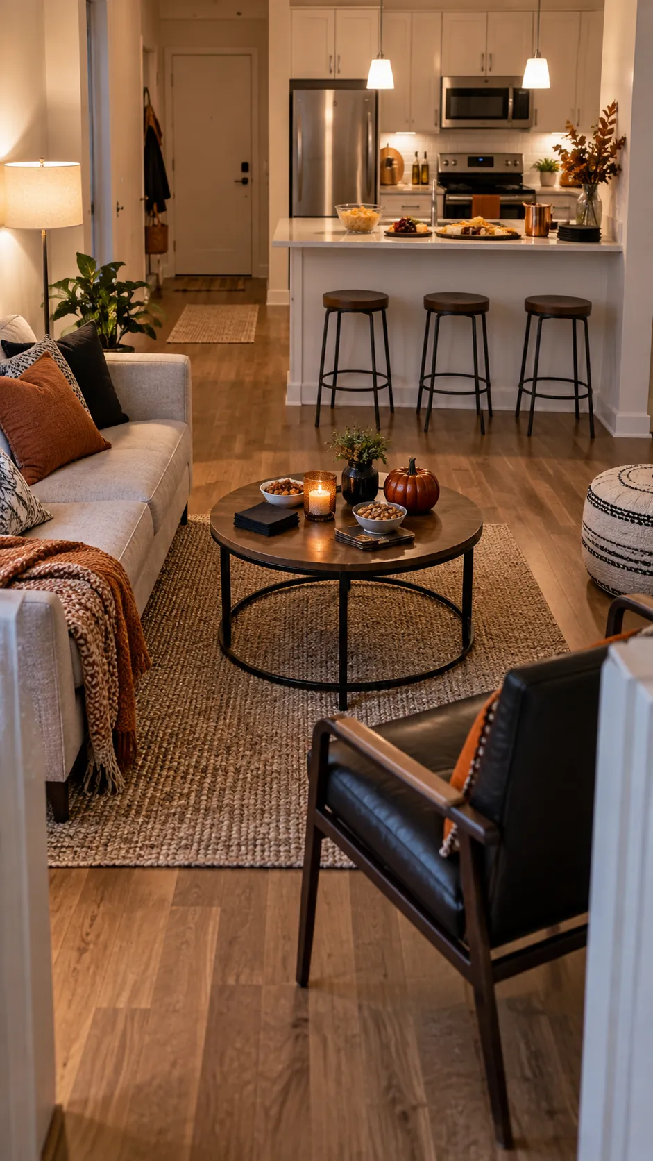 A two zone conversation layout for a Halloween party in a small apartment
