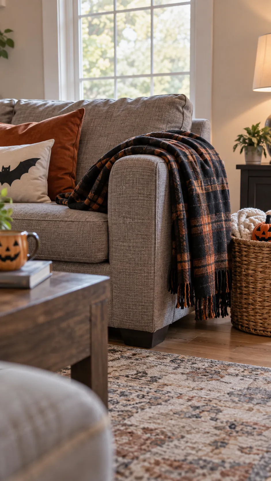 Keep one soft throw within reach in a usable family Halloween living room