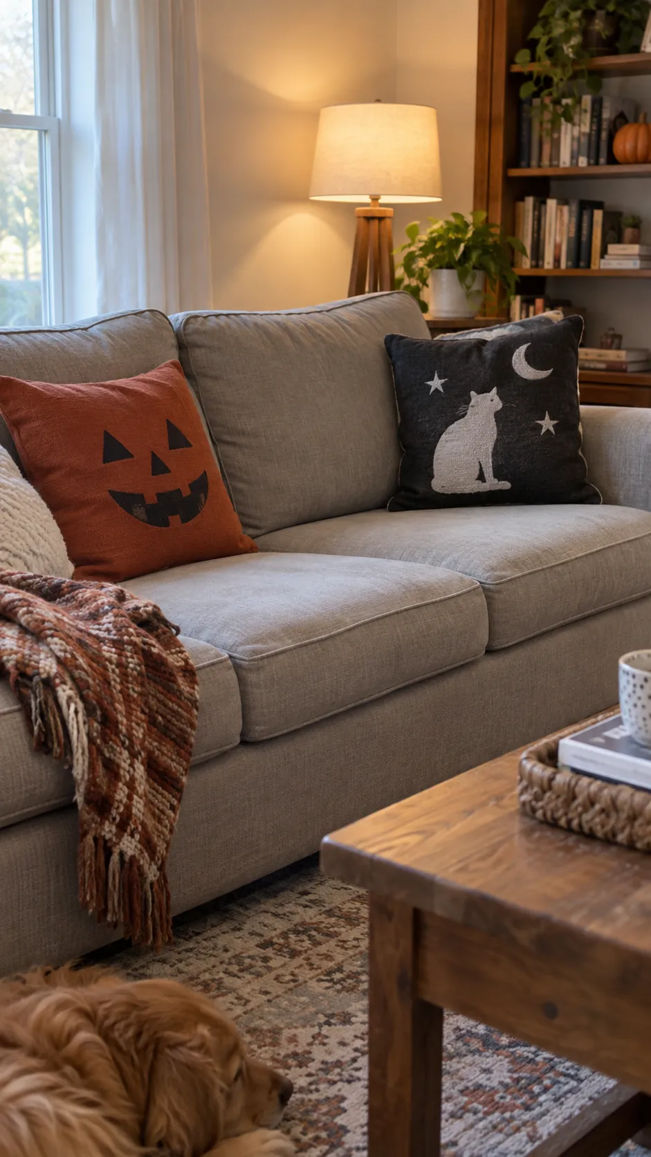 Swap the sofa cushion covers in a usable family Halloween living room