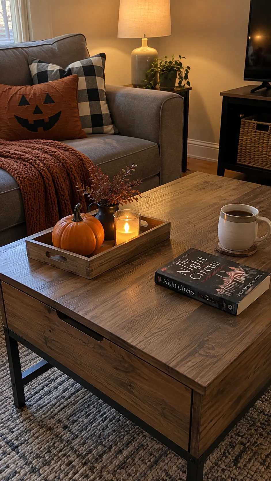 Use a single coffee table tray in a usable family Halloween living room