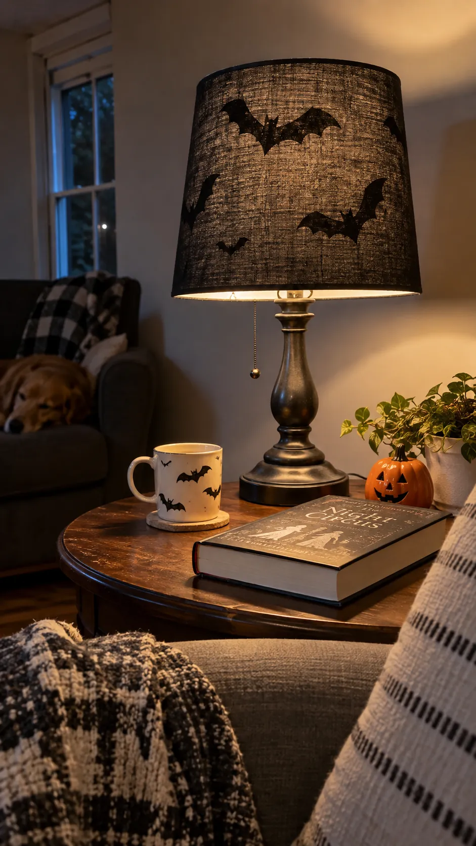 Change the lamp shade rather than the lamp in a usable family Halloween living room