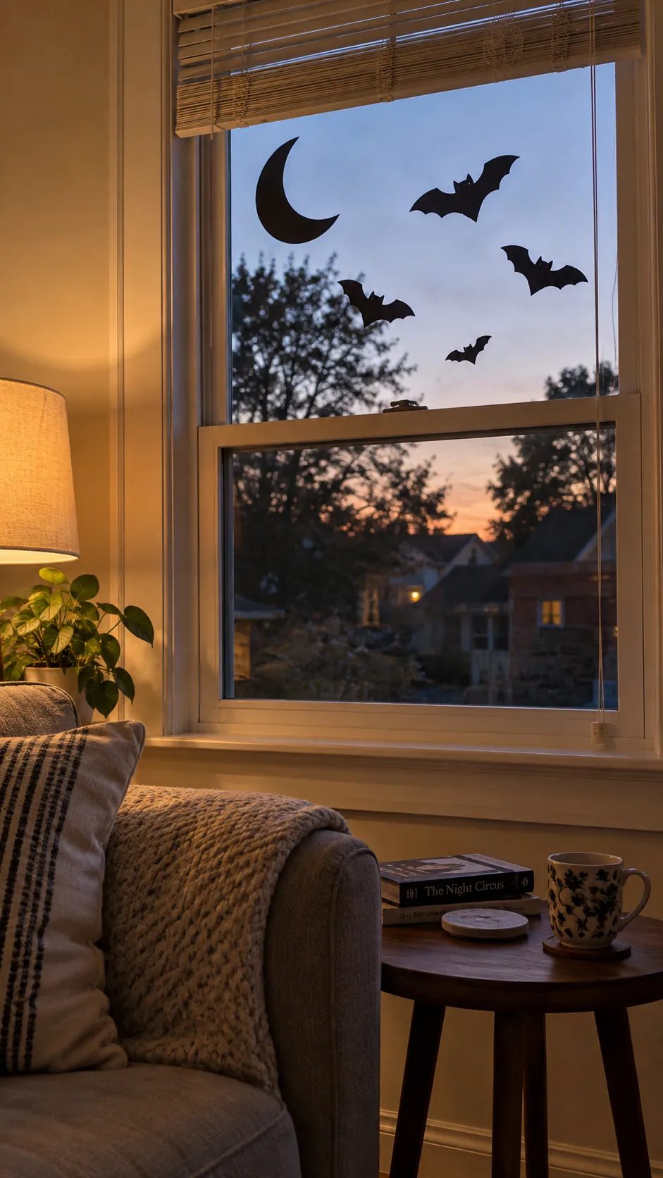 Dress a window with removable silhouettes in a usable family Halloween living room