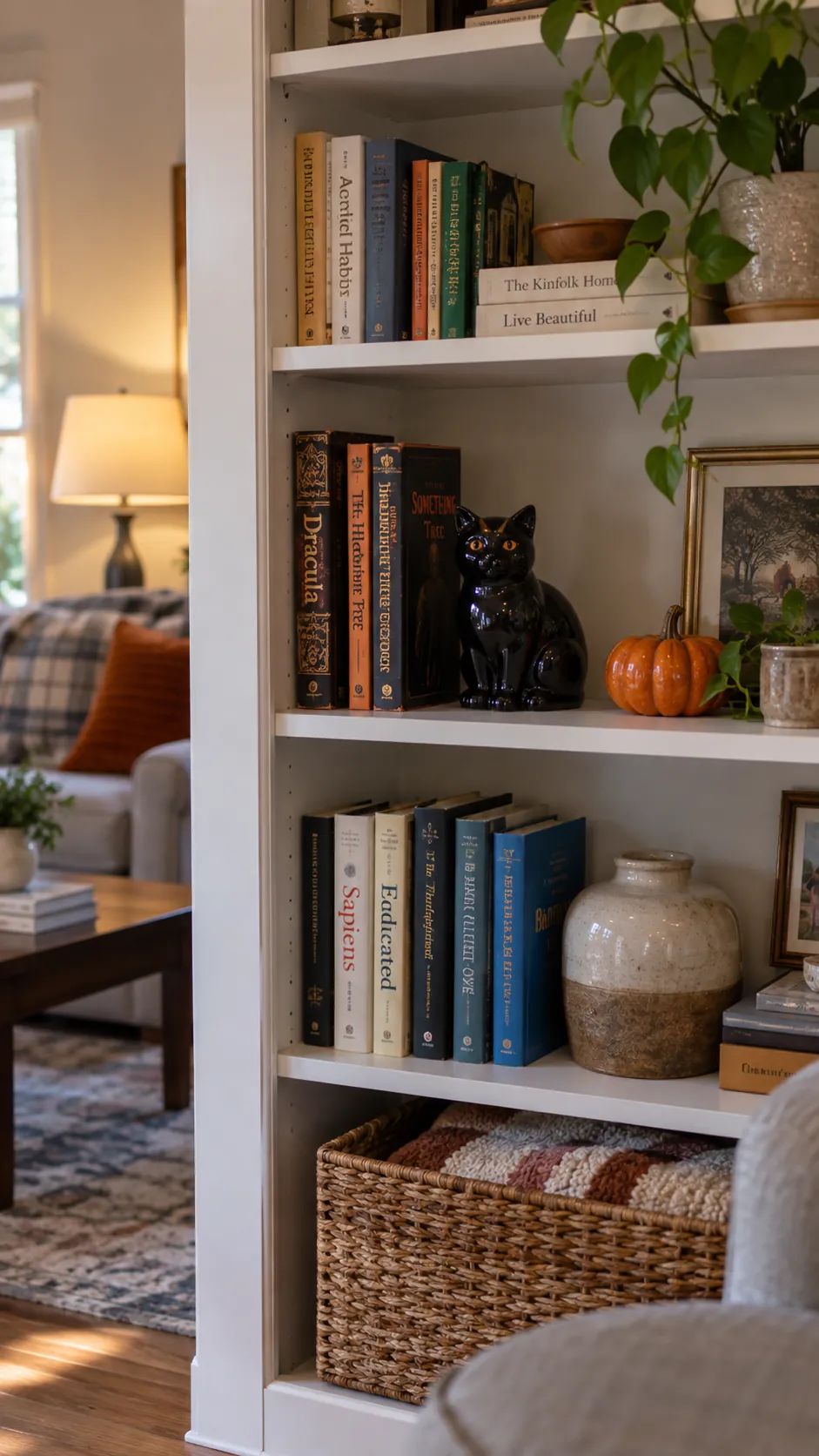 Reserve a shelf for one Halloween collection in a usable family Halloween living room