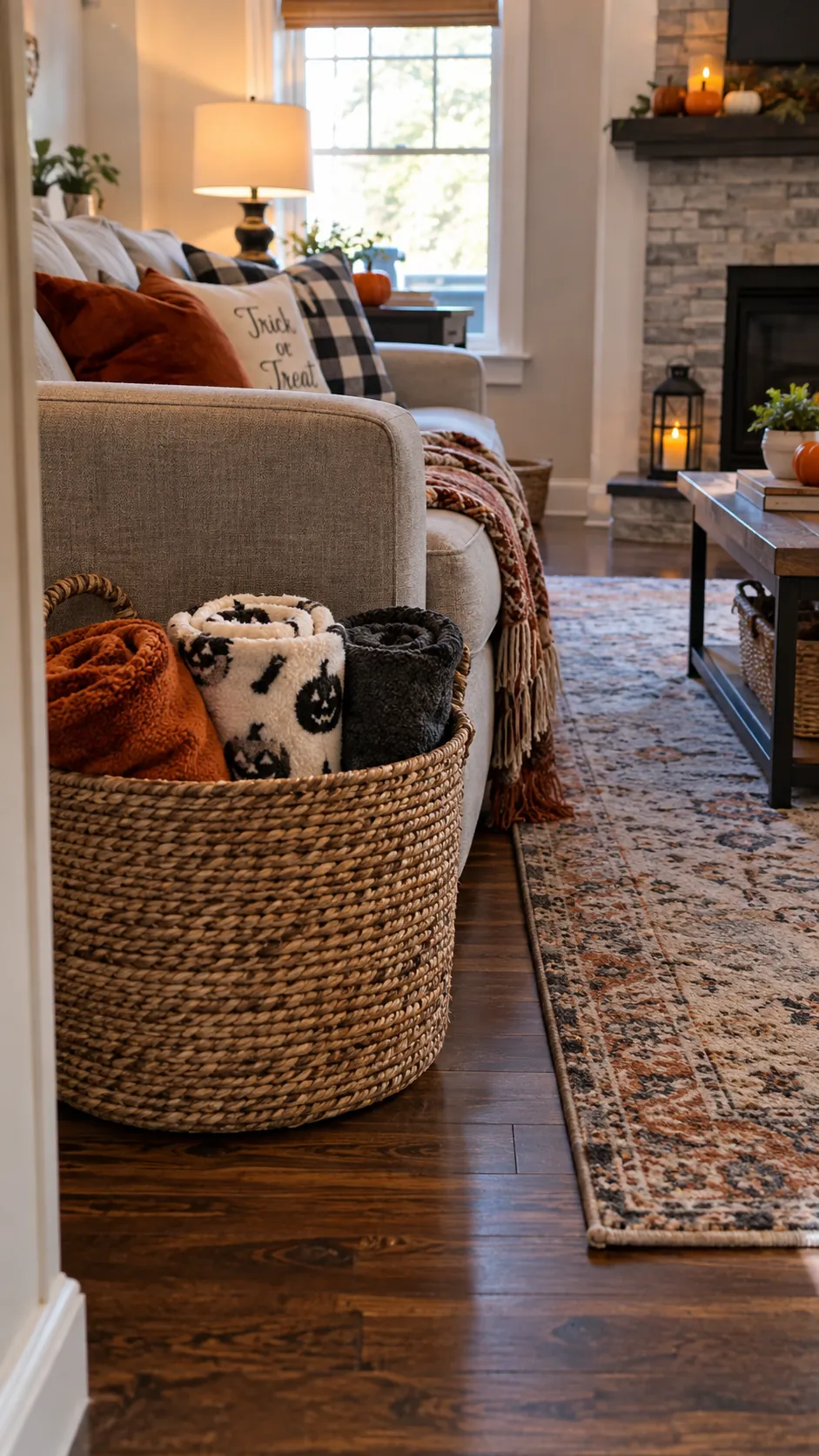 Fill a basket with costume friendly blankets in a usable family Halloween living room