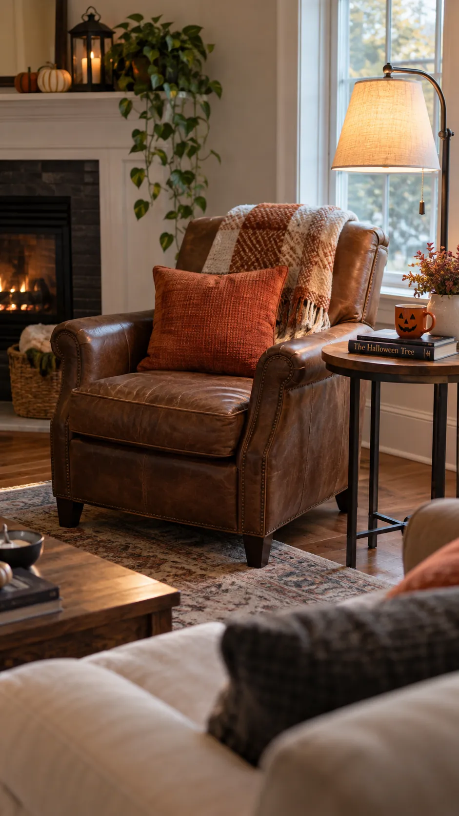 Give the reading chair a quiet accent in a usable family Halloween living room