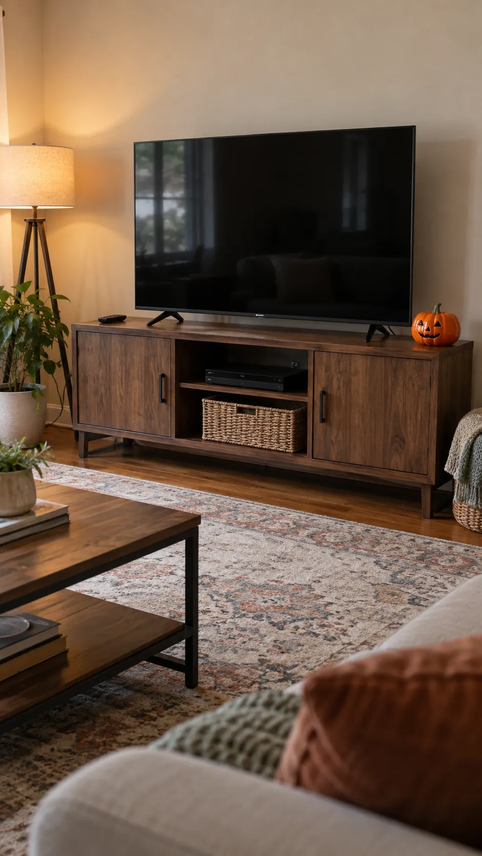 Leave the television console clear in a usable family Halloween living room