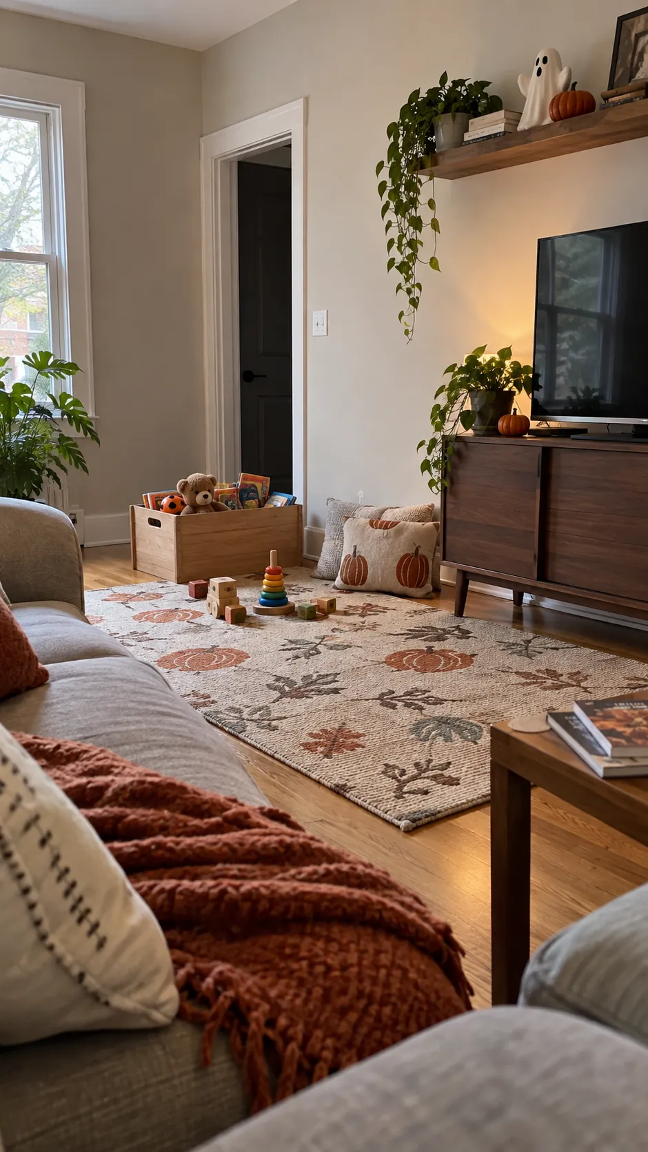 Move the play zone away from fragile pieces in a usable family Halloween living room