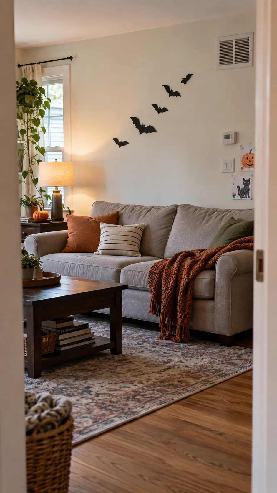 Put paper decorations high on a plain wall in a usable family Halloween living room