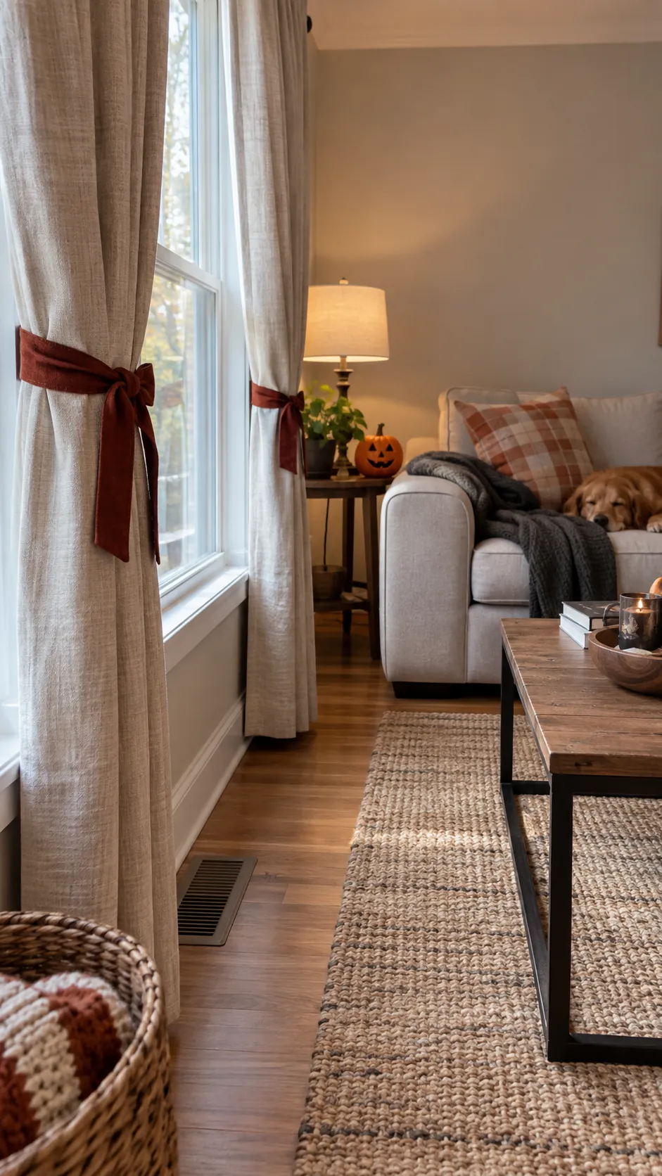 Let the curtains carry the color in a usable family Halloween living room