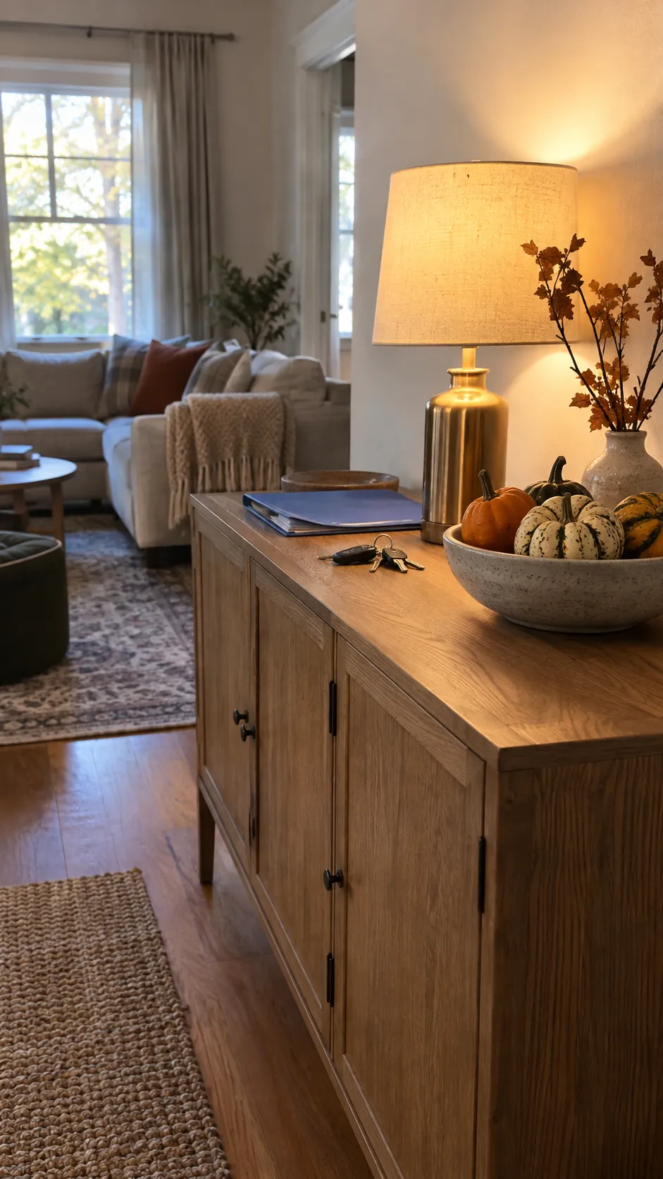 Use a sideboard as the seasonal anchor in a usable family Halloween living room