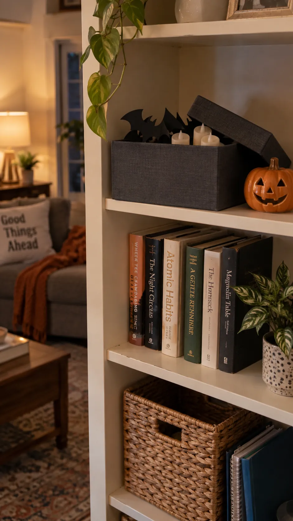 Store small decor in a lidded box in a usable family Halloween living room