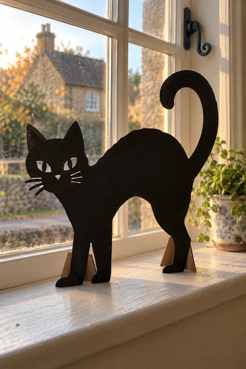 Black Cat Silhouette on a Sill Stand Halloween window decoration without anything stuck to the glass