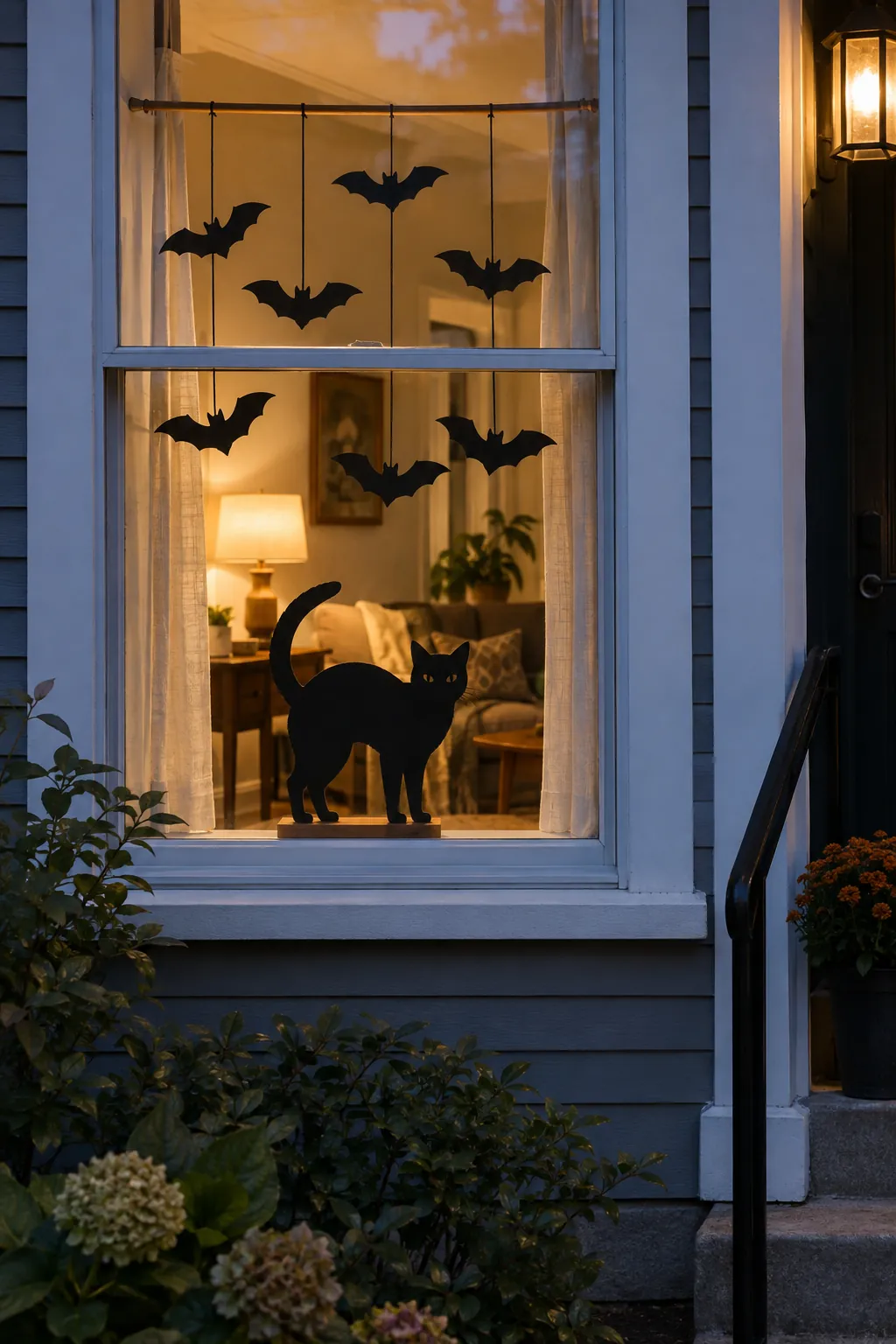 Halloween window display with freestanding silhouettes and hanging bats, no stickers on the glass