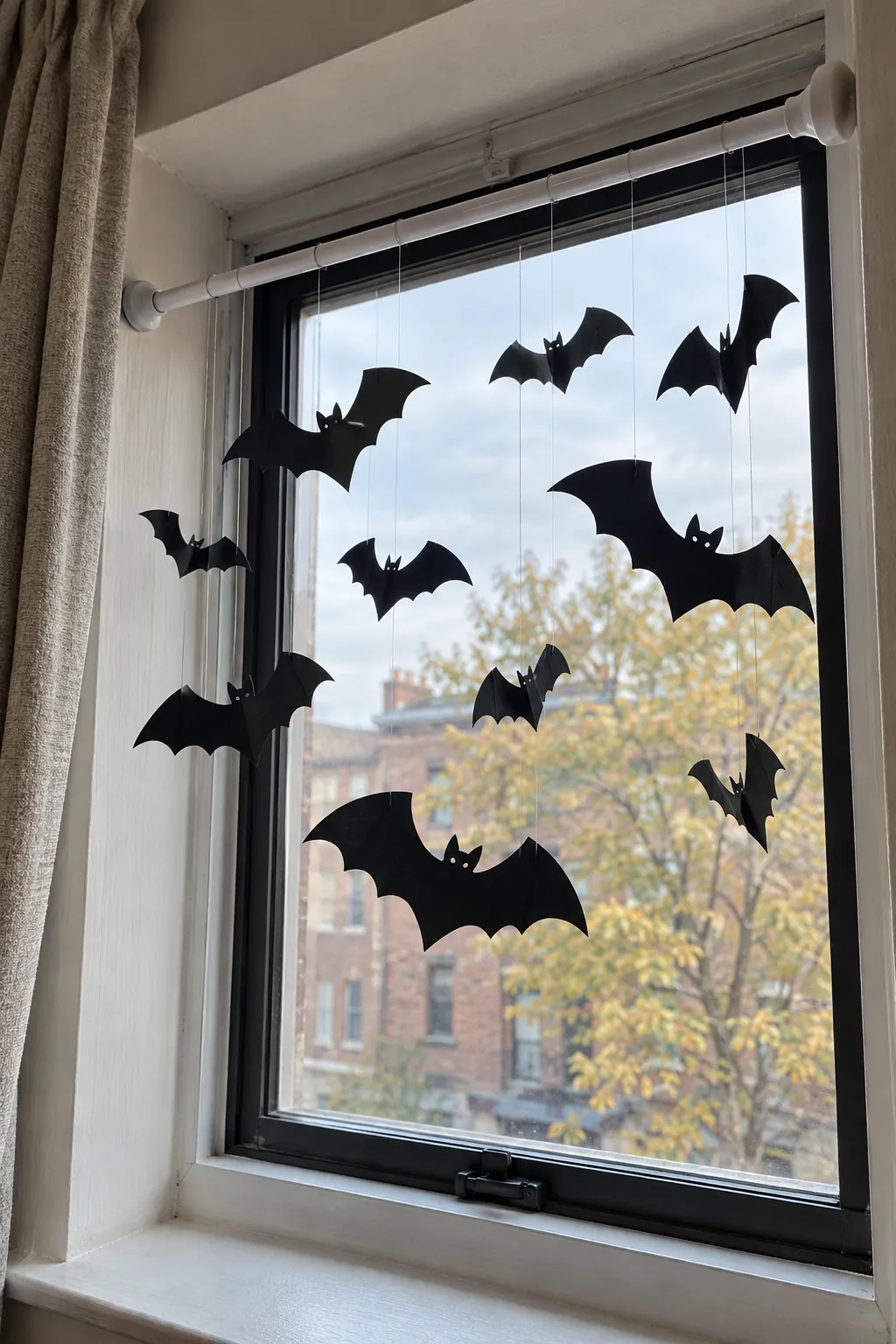 Bat Mobile on a Tension Rod Halloween window decoration without anything stuck to the glass