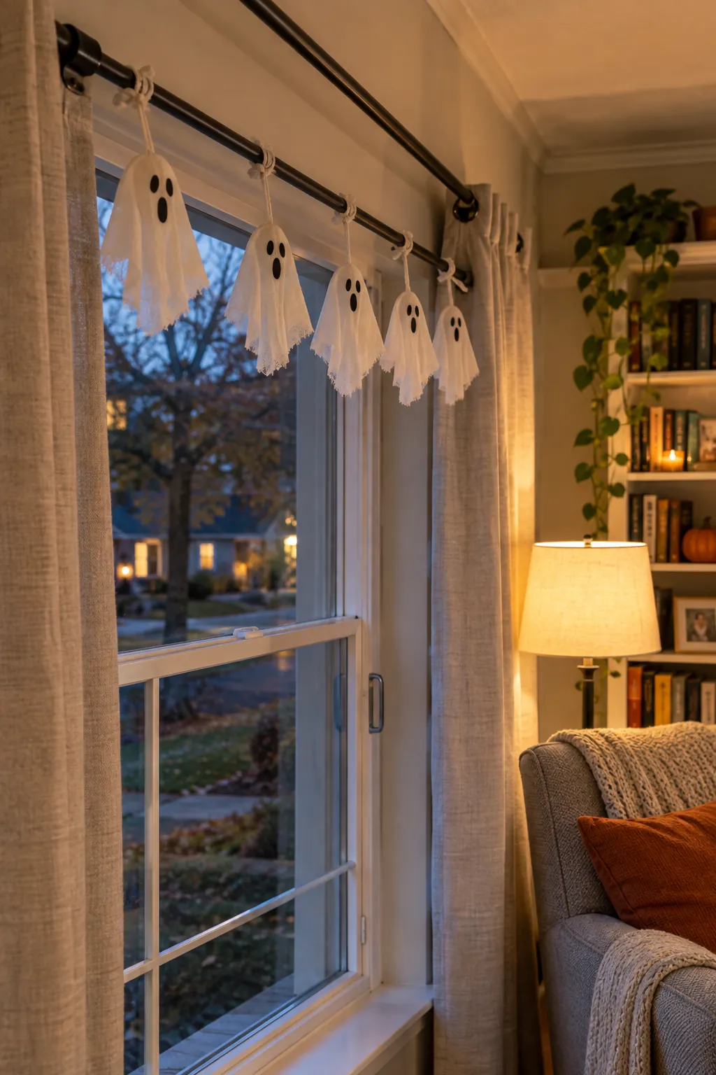 Ghost Garland on the Curtain Rod Halloween window decoration without anything stuck to the glass