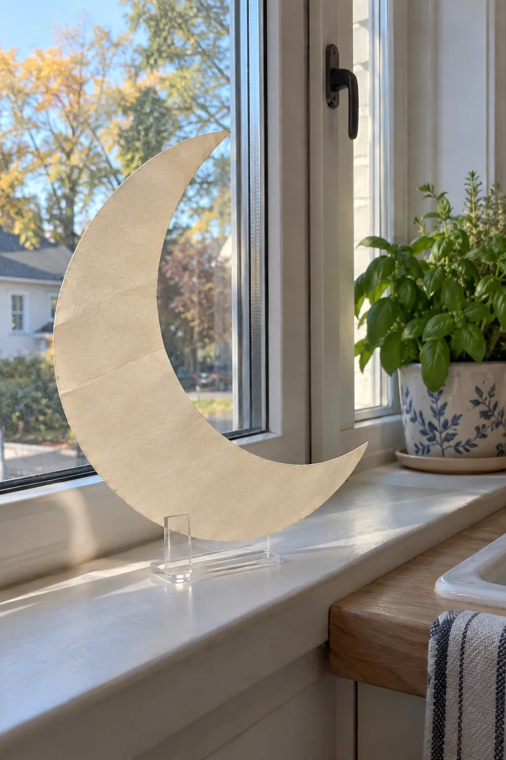 Paper Moon on an Acrylic Display Stand Halloween window decoration without anything stuck to the glass