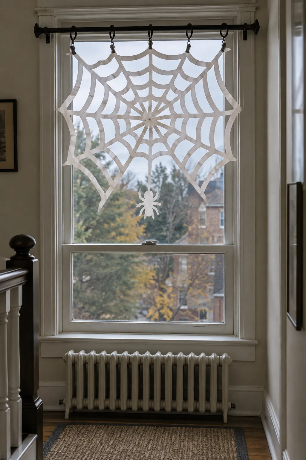 Spider Web Hung From Curtain Rings Halloween window decoration without anything stuck to the glass