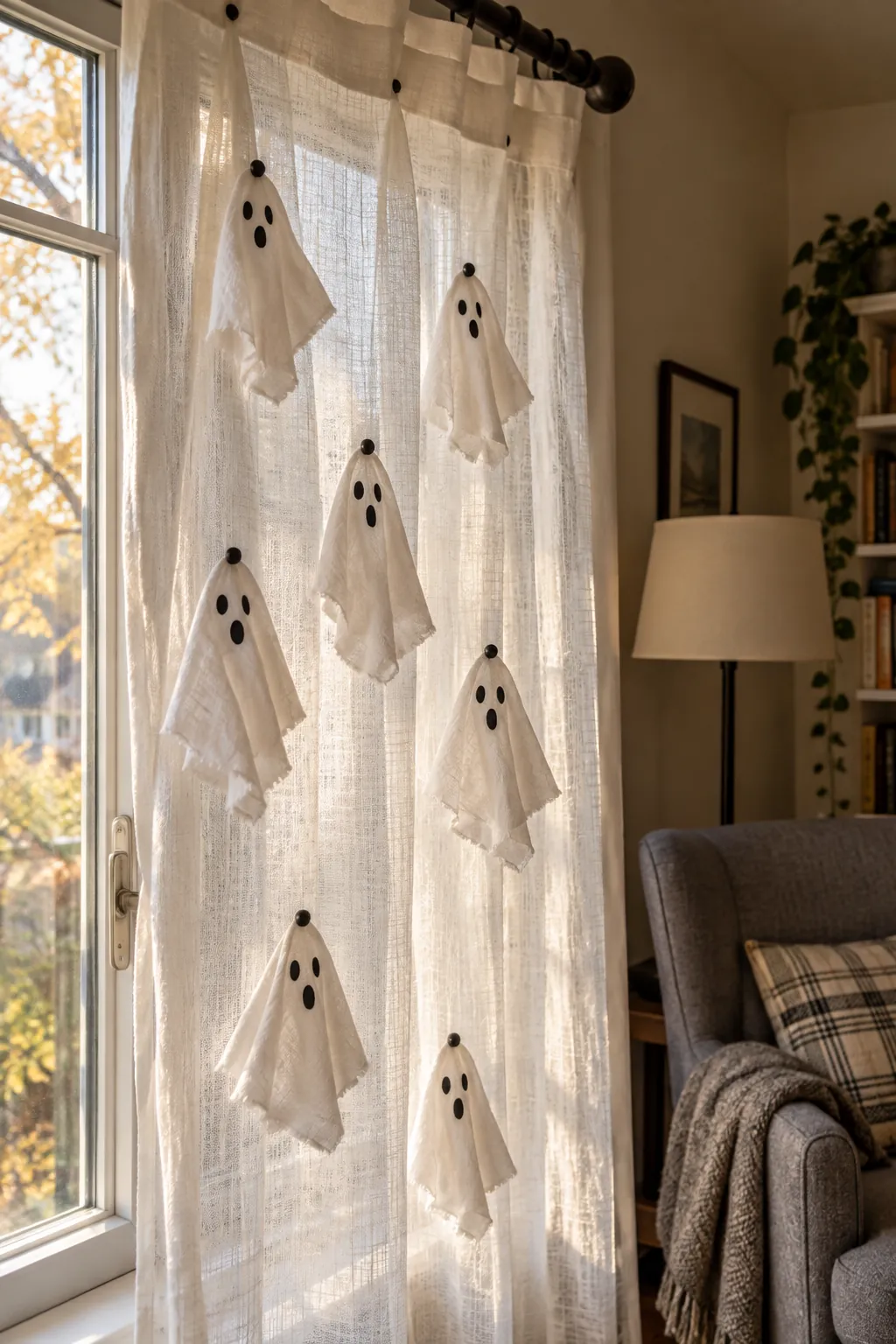 Ghost Curtain Panel Halloween window decoration without anything stuck to the glass