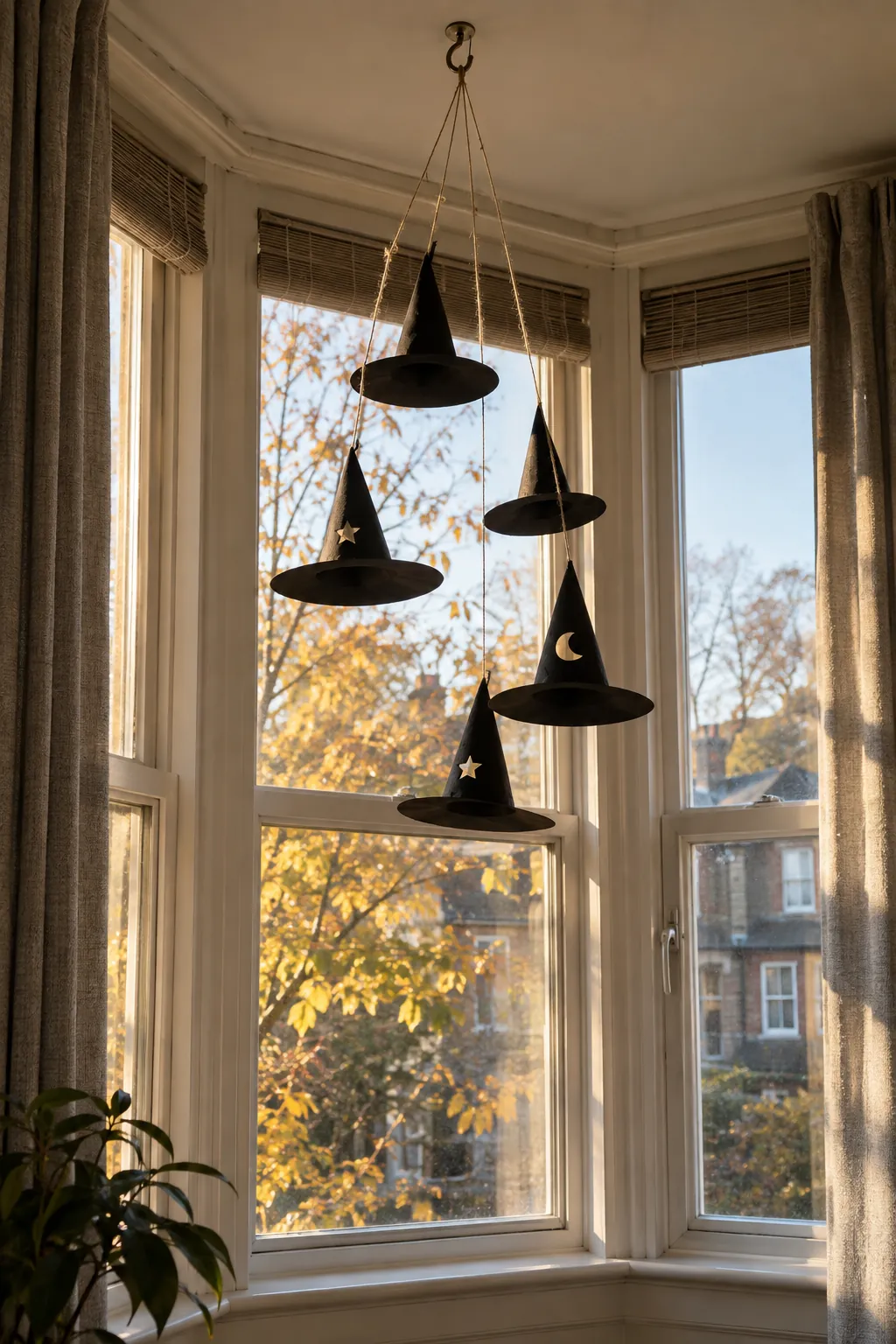 Witch Hat Hangings From a Ceiling Hook Halloween window decoration without anything stuck to the glass