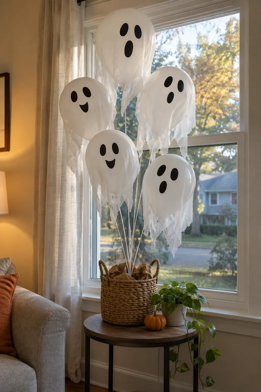 Balloon Ghosts in a Weighted Basket Halloween window decoration without anything stuck to the glass