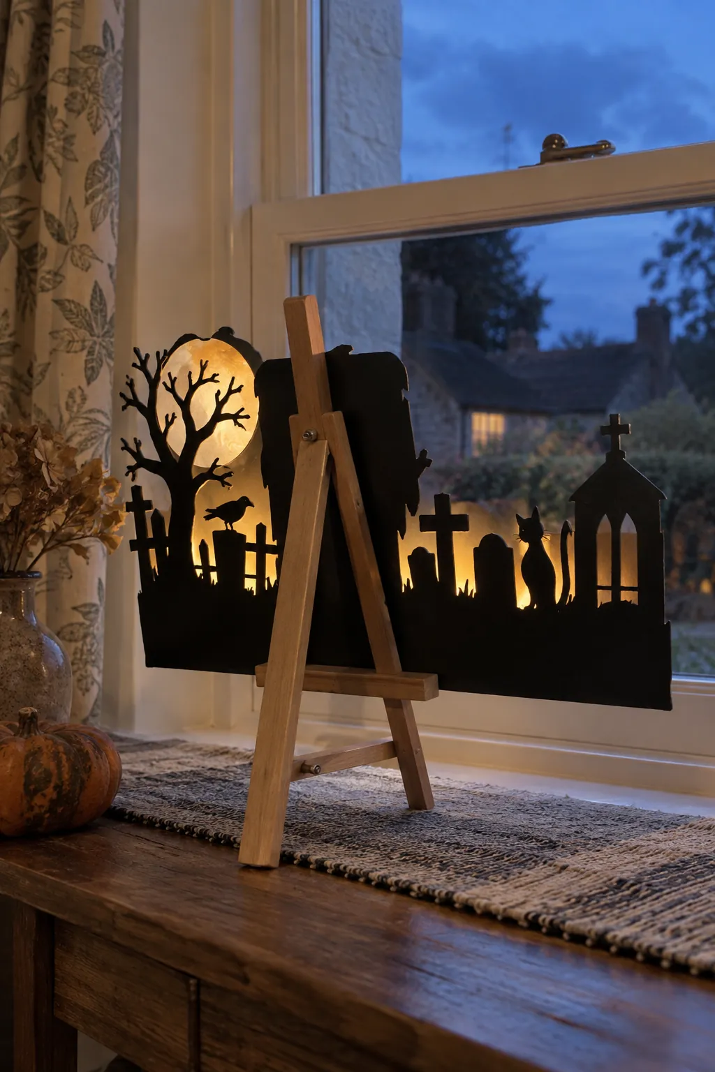 Backlit Cemetery on a Small Easel Halloween window decoration without anything stuck to the glass