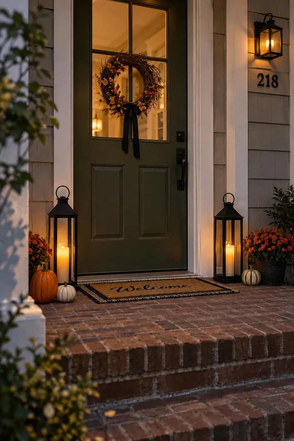 Frame the door with slim lanterns on a Halloween porch with no front lawn