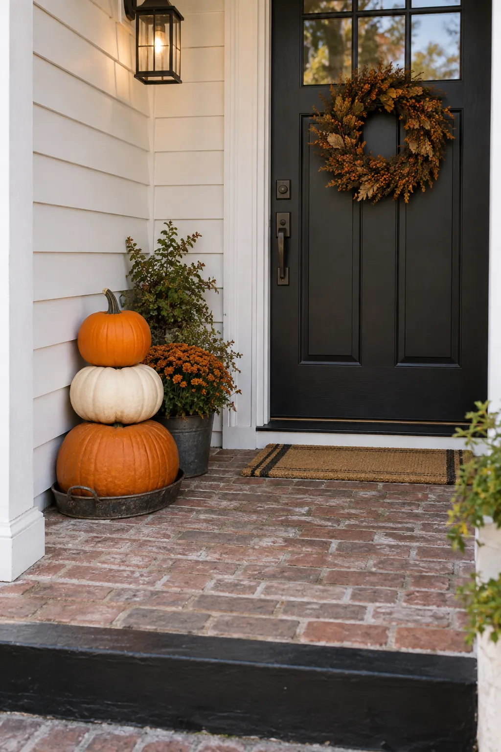 Stack pumpkins along one wall on a Halloween porch with no front lawn